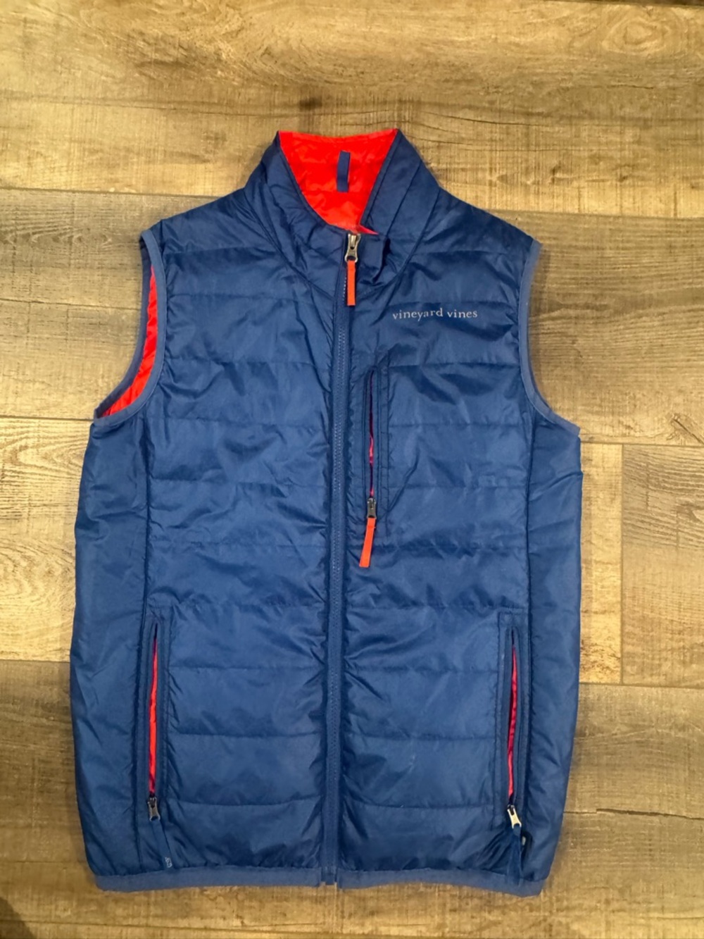 Vineyard Vines Blue Quilted Puffer Vest with Red Accents kids size 16/18